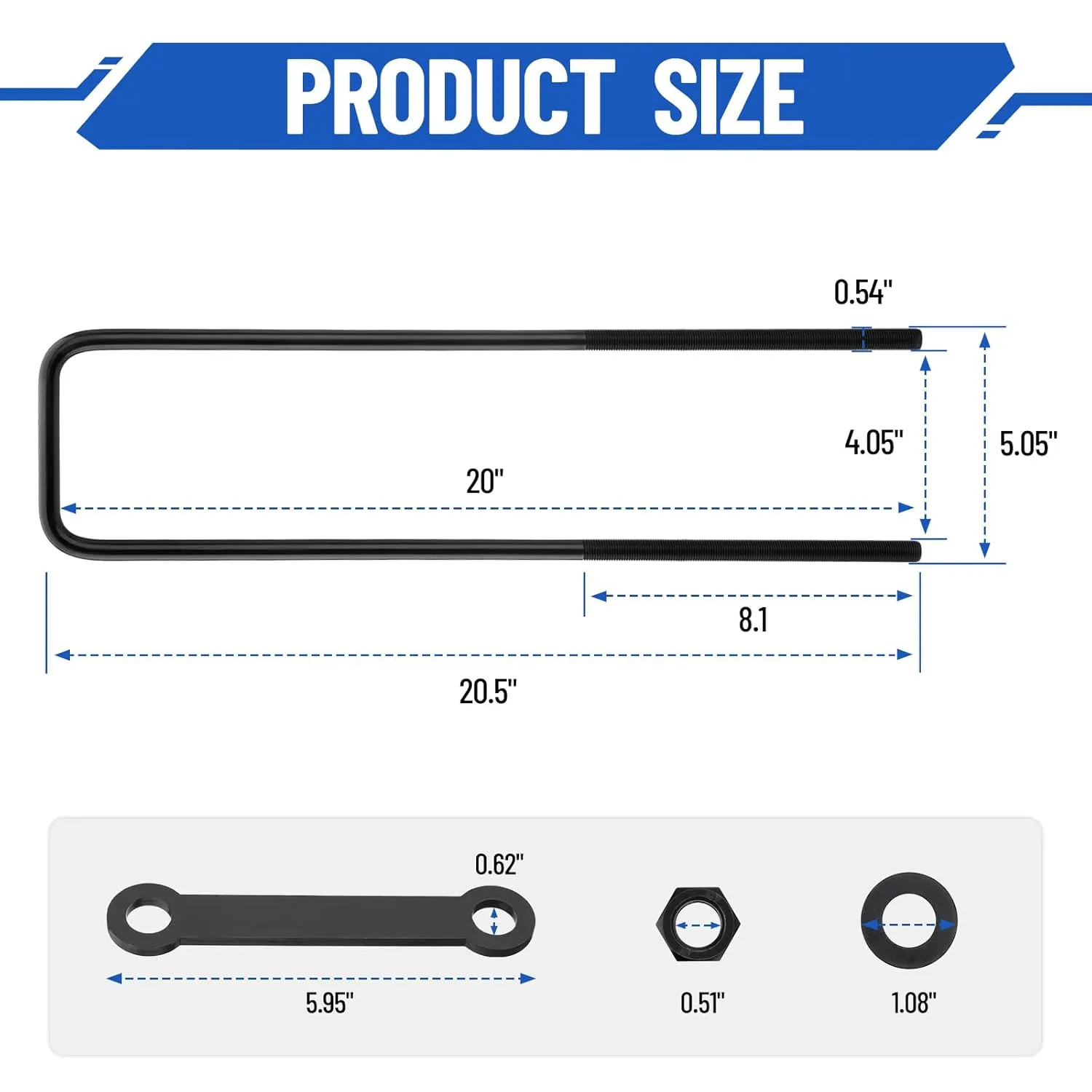 20 inch Square Bend U-Bolt Kits, Heavy Duty Steel Square U-Bolts with 6 inch Tie Plates for Truck Chassis
