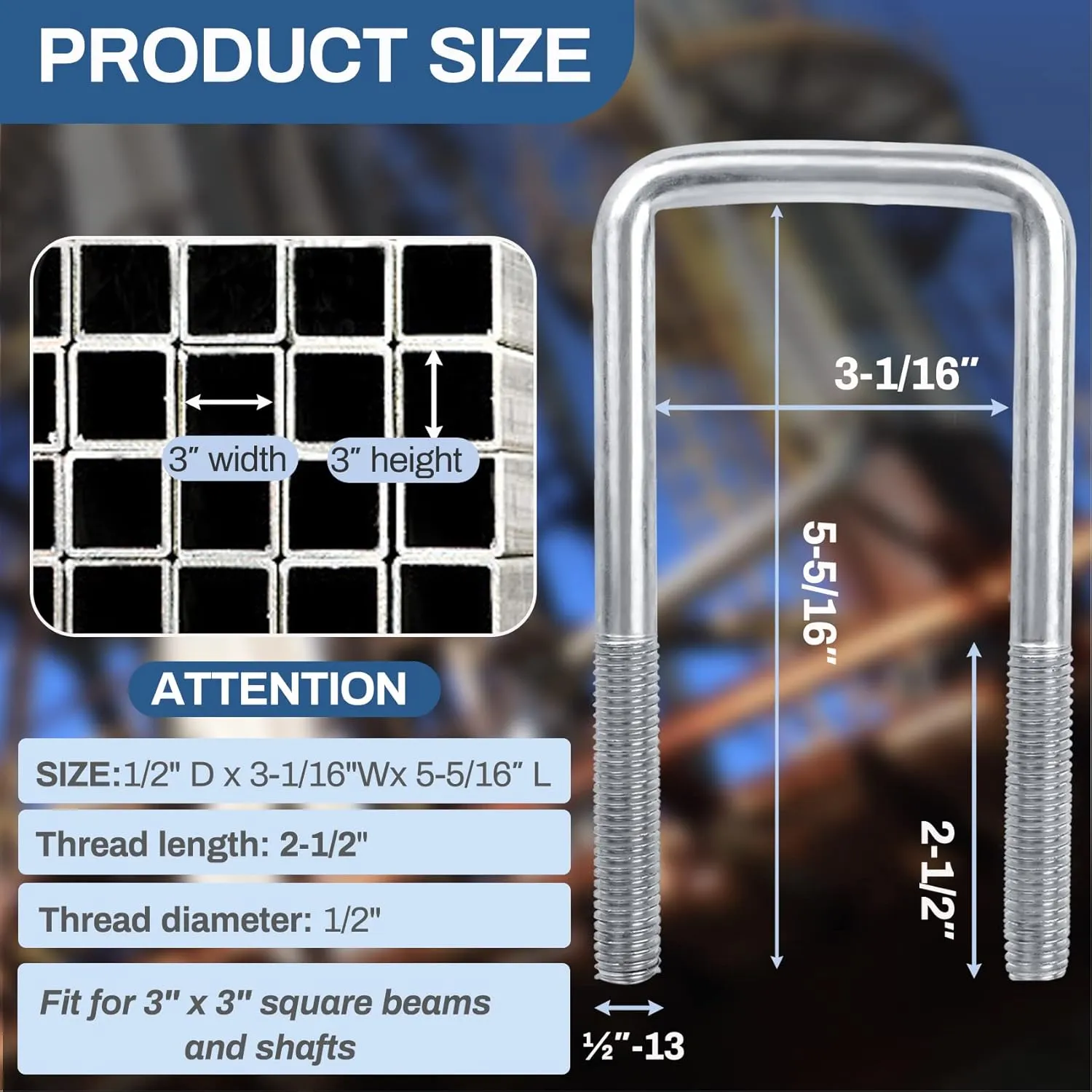 4 Sets 304 Stainless Steel Square U Bolt,U Bolts 3 inch Wide,1/2" D x 3-1/16" W x 5-5/16"L U-Bolts for Boat Trailer with Nuts and Washers, for Automobiles Trailer, Ski Boat