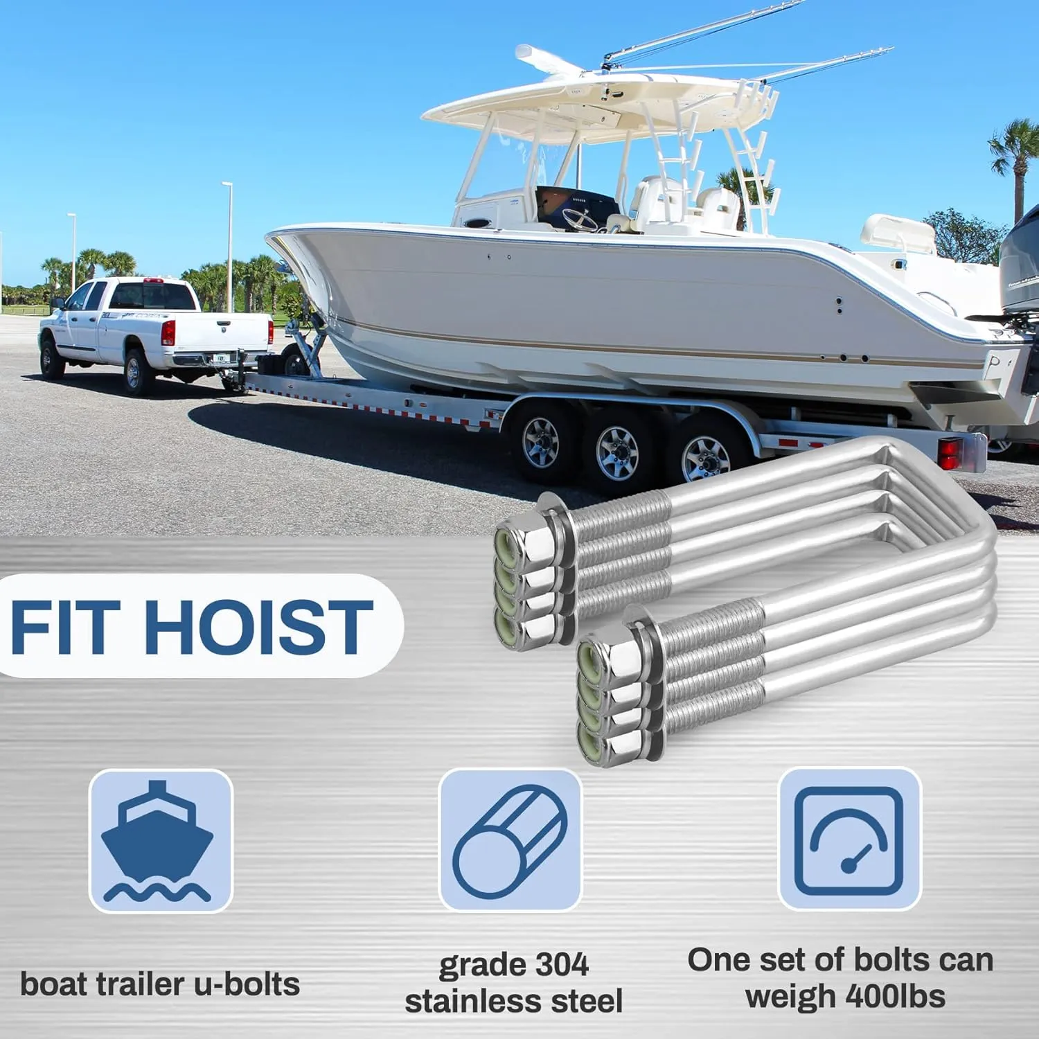 4 Sets 304 Stainless Steel Square U Bolt,U Bolts 3 inch Wide,1/2" D x 3-1/16" W x 5-5/16"L U-Bolts for Boat Trailer with Nuts and Washers, for Automobiles Trailer, Ski Boat