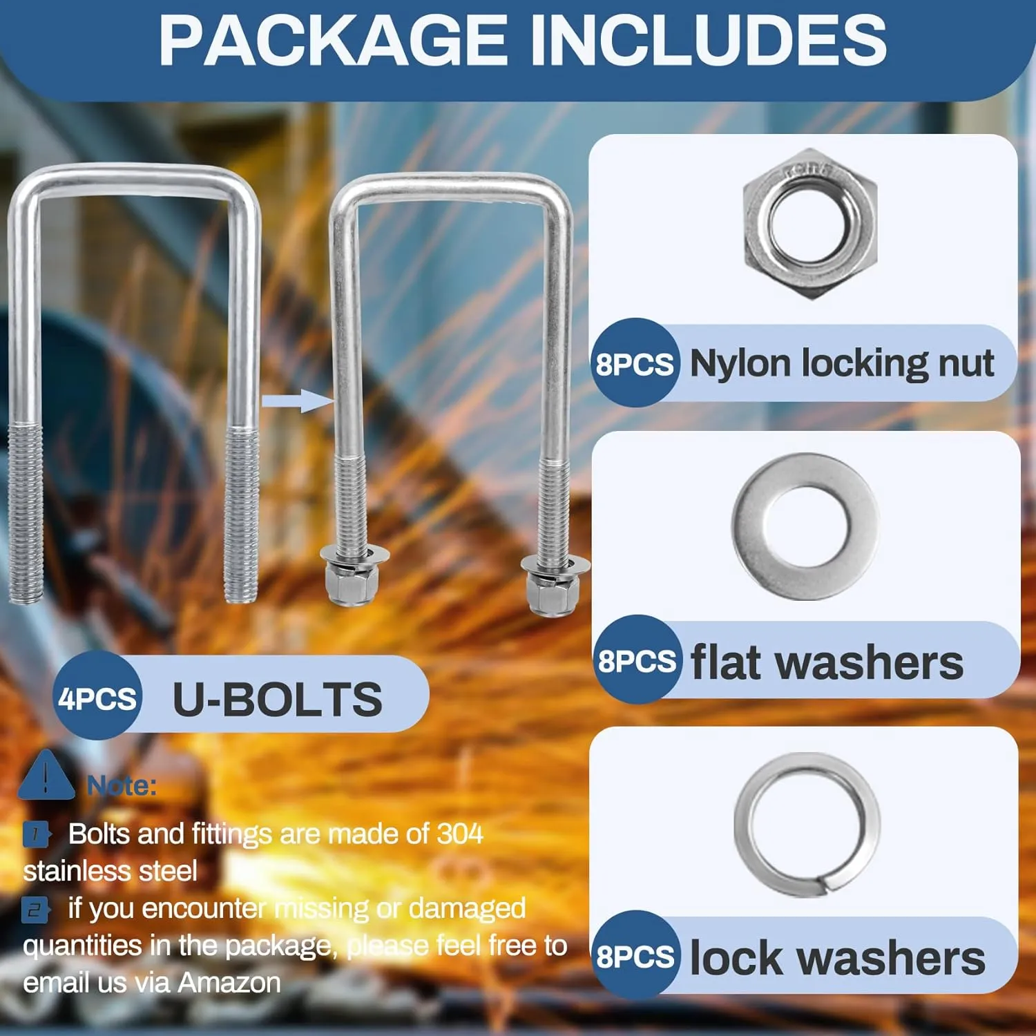 4 Sets 304 Stainless Steel Square U Bolt,U Bolts 3 inch Wide,1/2" D x 3-1/16" W x 5-5/16"L U-Bolts for Boat Trailer with Nuts and Washers, for Automobiles Trailer, Ski Boat