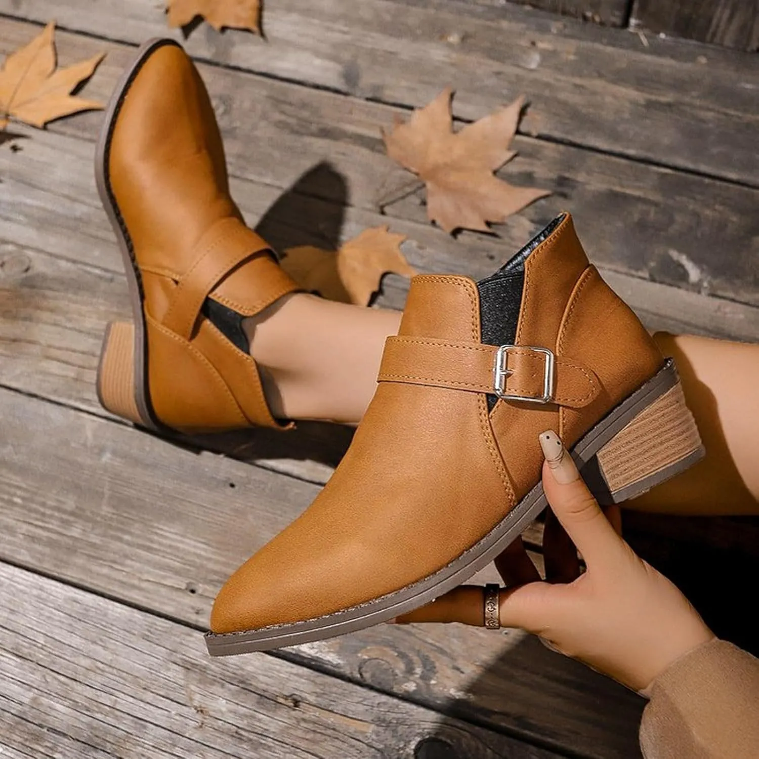 AMDBEL Fall Boots for Women 2024 Ankle Booties Low Chunky Stacked Heel Round Toe Booties Fashion Casual Fall Winter Shoes