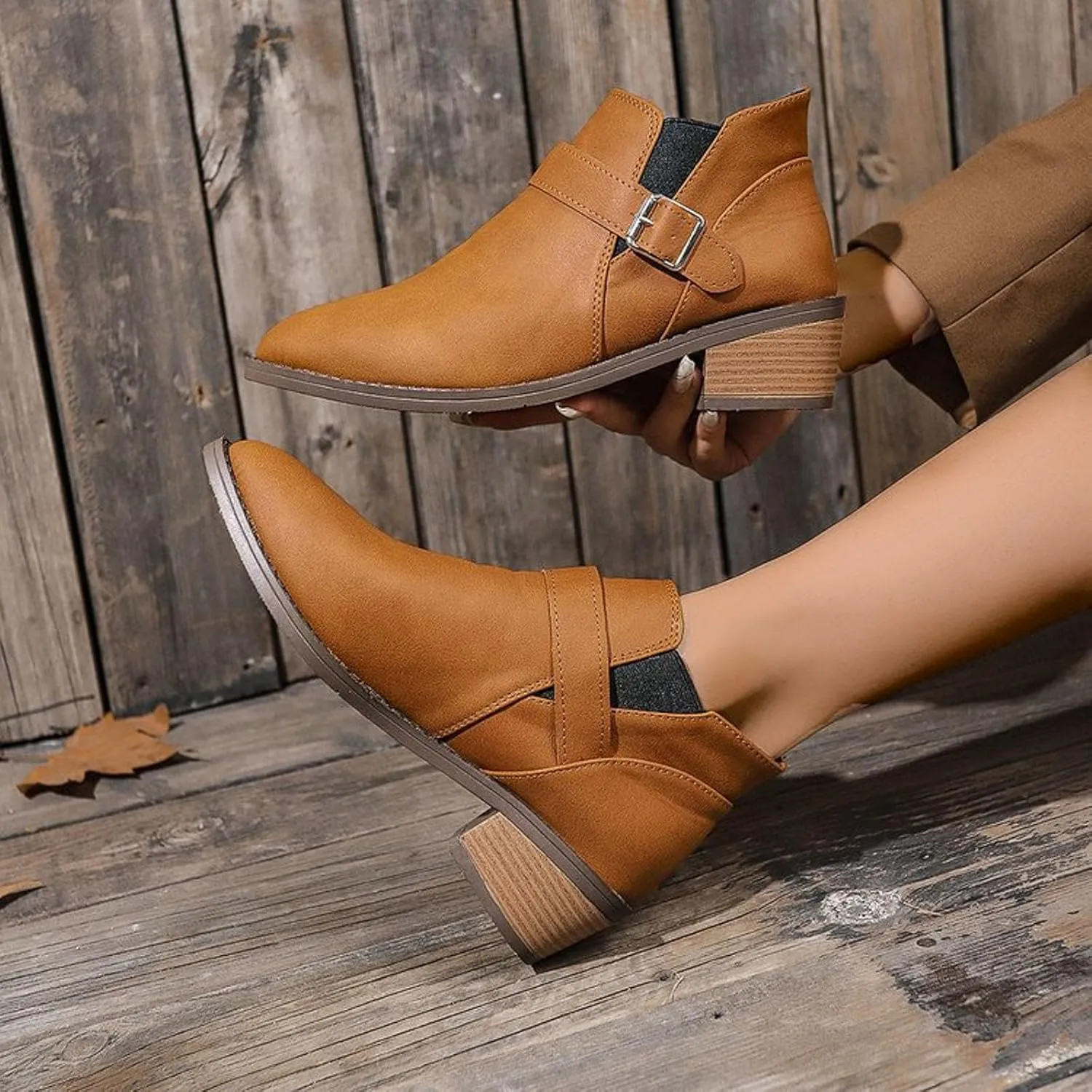 AMDBEL Fall Boots for Women 2024 Ankle Booties Low Chunky Stacked Heel Round Toe Booties Fashion Casual Fall Winter Shoes
