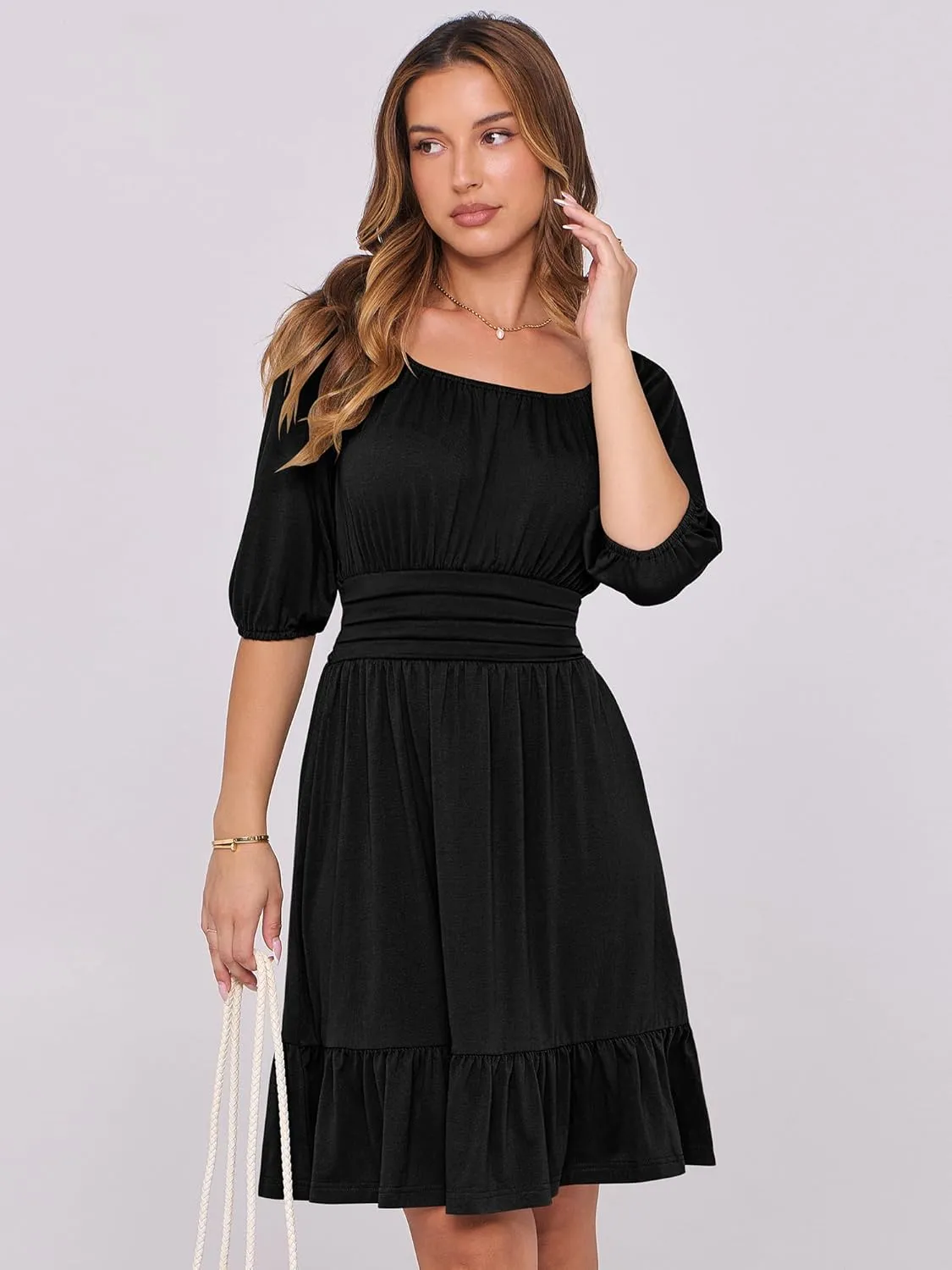 ANRABESS Women Summer Casual Short Lantern Sleeve Square Neck A-Line Flowy Boho Mini Dress 2025 Trendy Beach Travel Clothes