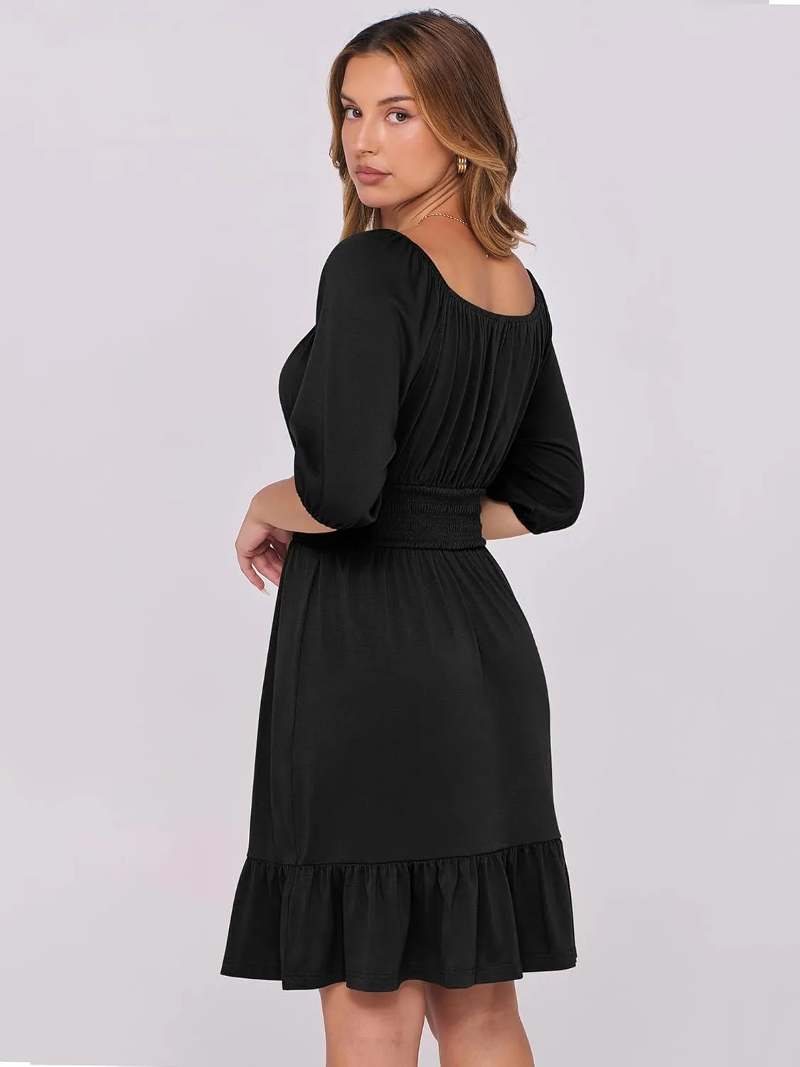 ANRABESS Women Summer Casual Short Lantern Sleeve Square Neck A-Line Flowy Boho Mini Dress 2025 Trendy Beach Travel Clothes