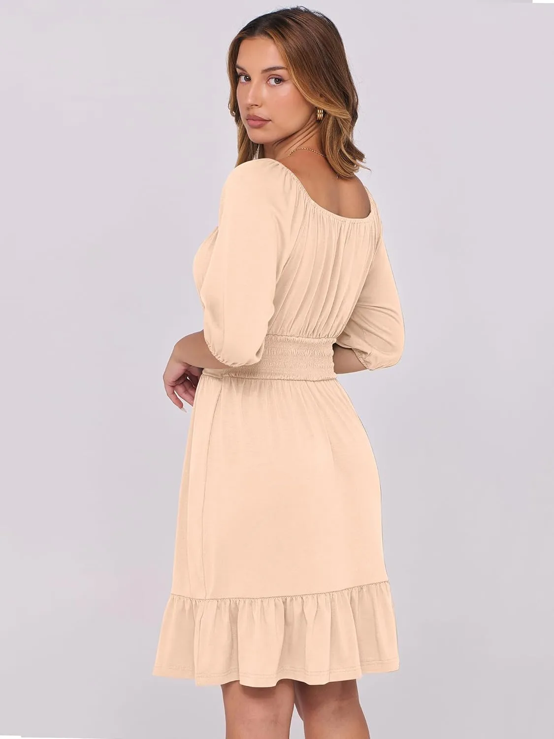 ANRABESS Women Summer Casual Short Lantern Sleeve Square Neck A-Line Flowy Boho Mini Dress 2025 Trendy Beach Travel Clothes