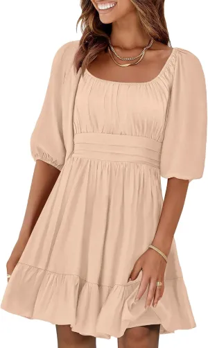 ANRABESS Women Summer Casual Short Lantern Sleeve Square Neck A-Line Flowy Boho Mini Dress 2025 Trendy Beach Travel Clothes