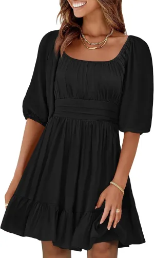 ANRABESS Women Summer Casual Short Lantern Sleeve Square Neck A-Line Flowy Boho Mini Dress 2025 Trendy Beach Travel Clothes