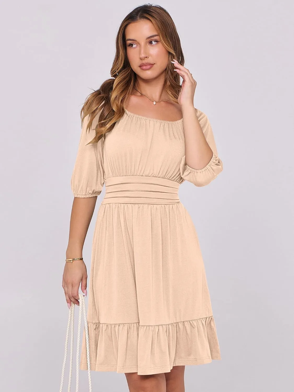 ANRABESS Women Summer Casual Short Lantern Sleeve Square Neck A-Line Flowy Boho Mini Dress 2025 Trendy Beach Travel Clothes