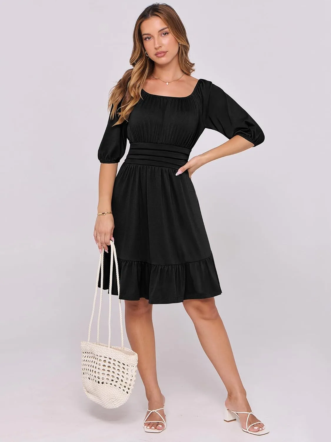 ANRABESS Women Summer Casual Short Lantern Sleeve Square Neck A-Line Flowy Boho Mini Dress 2025 Trendy Beach Travel Clothes