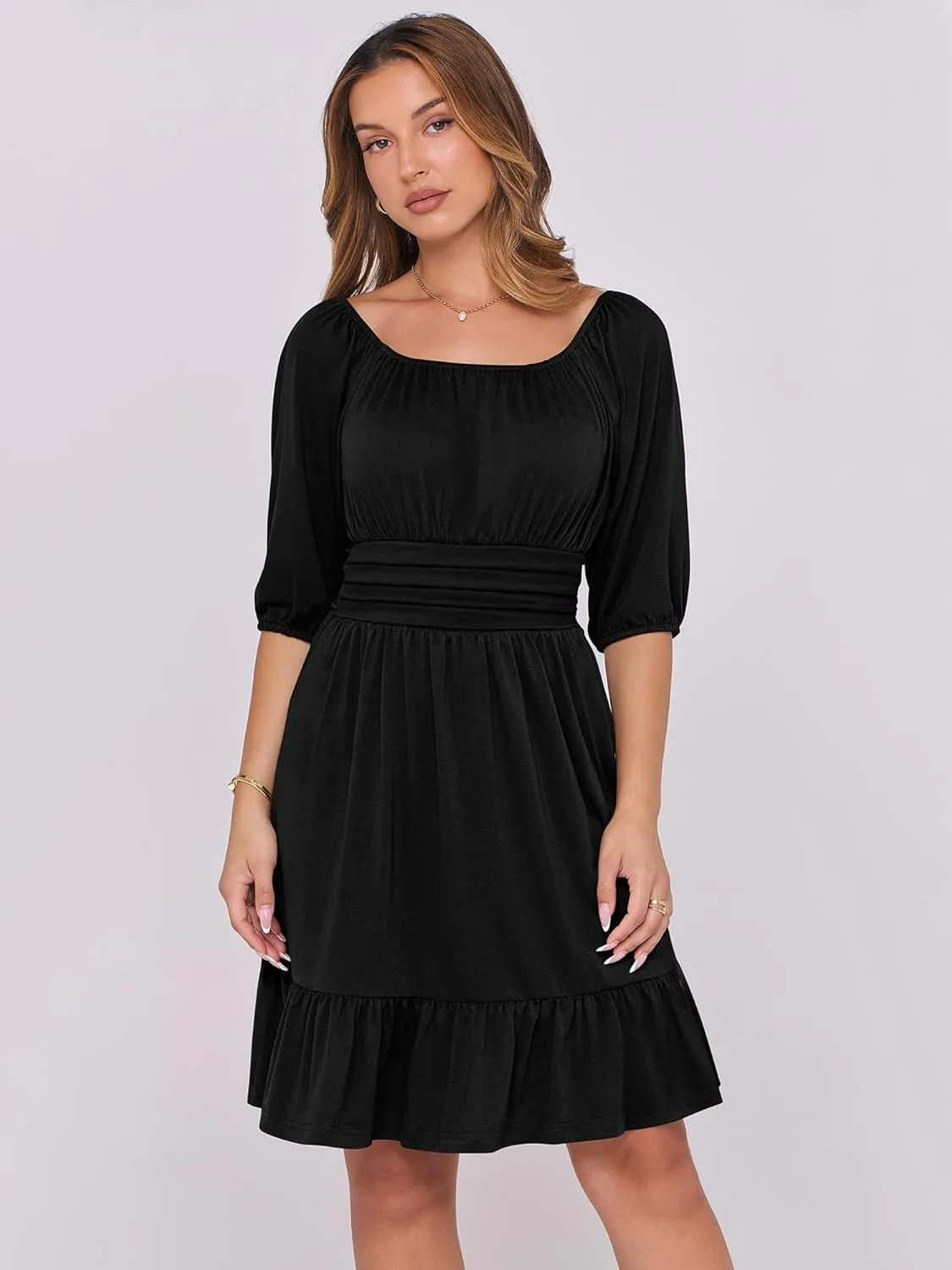ANRABESS Women Summer Casual Short Lantern Sleeve Square Neck A-Line Flowy Boho Mini Dress 2025 Trendy Beach Travel Clothes