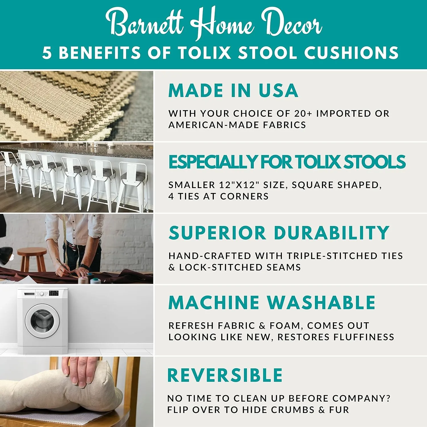 Barnett Home Decor Hayden Beige Square Bar Stool Cushion with Ties - for 12" Metal Industrial Barstools - 12" Tolix-Style Counter-Height Chairs - Latex Foam Fill, Machine Washable