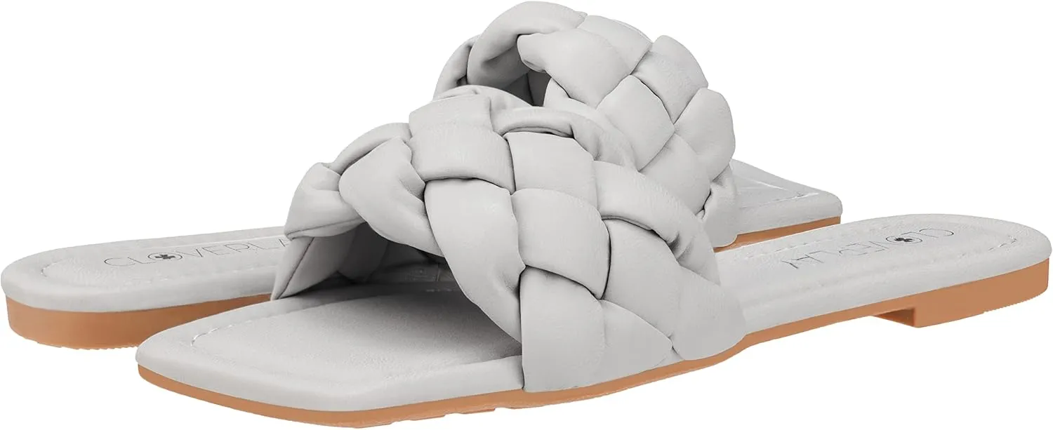 CLOVERLAY Yara Women's Square Open Toe Slides Braided Woven Single Band Slip on Flat Sandals
