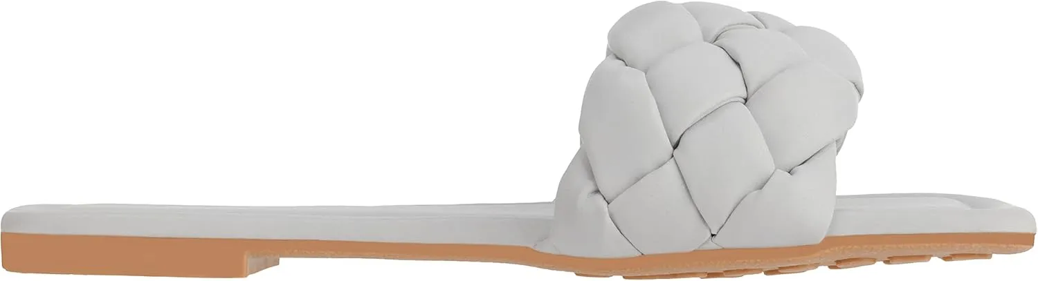 CLOVERLAY Yara Women's Square Open Toe Slides Braided Woven Single Band Slip on Flat Sandals