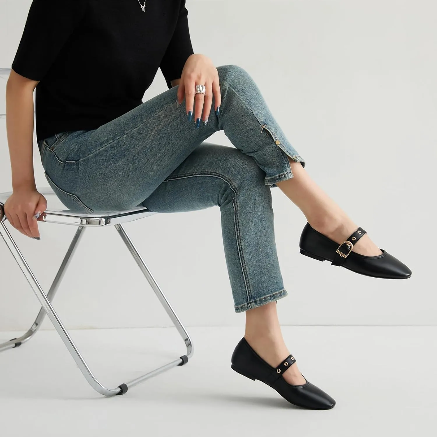CouieCuies Women's Mary Jane Flats Round Toe Ballet Flat with Buckle Dressy Comfortable Maryjane Flats Adjustable Strap Office