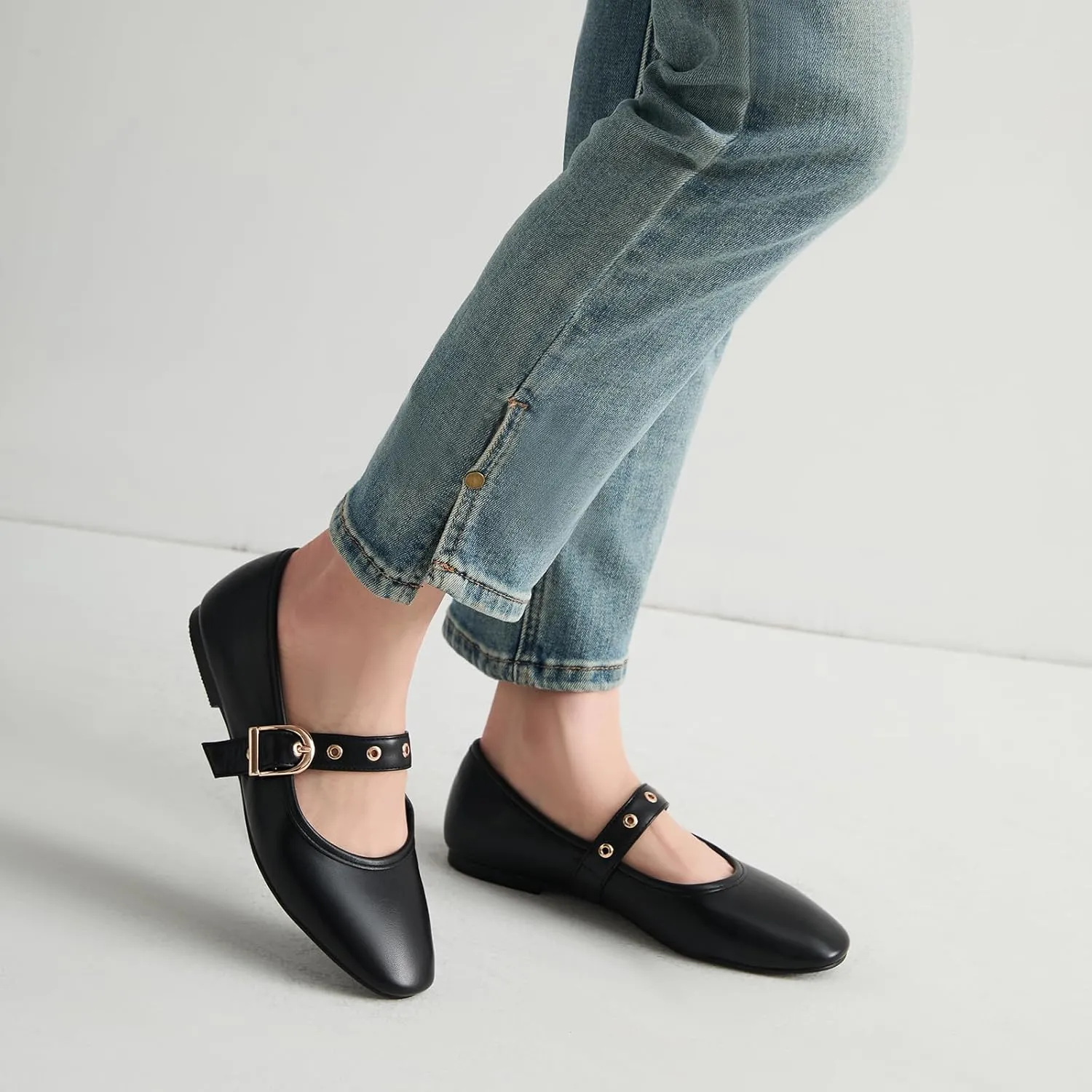 CouieCuies Women's Mary Jane Flats Round Toe Ballet Flat with Buckle Dressy Comfortable Maryjane Flats Adjustable Strap Office