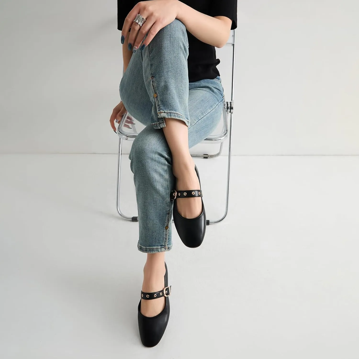 CouieCuies Women's Mary Jane Flats Round Toe Ballet Flat with Buckle Dressy Comfortable Maryjane Flats Adjustable Strap Office