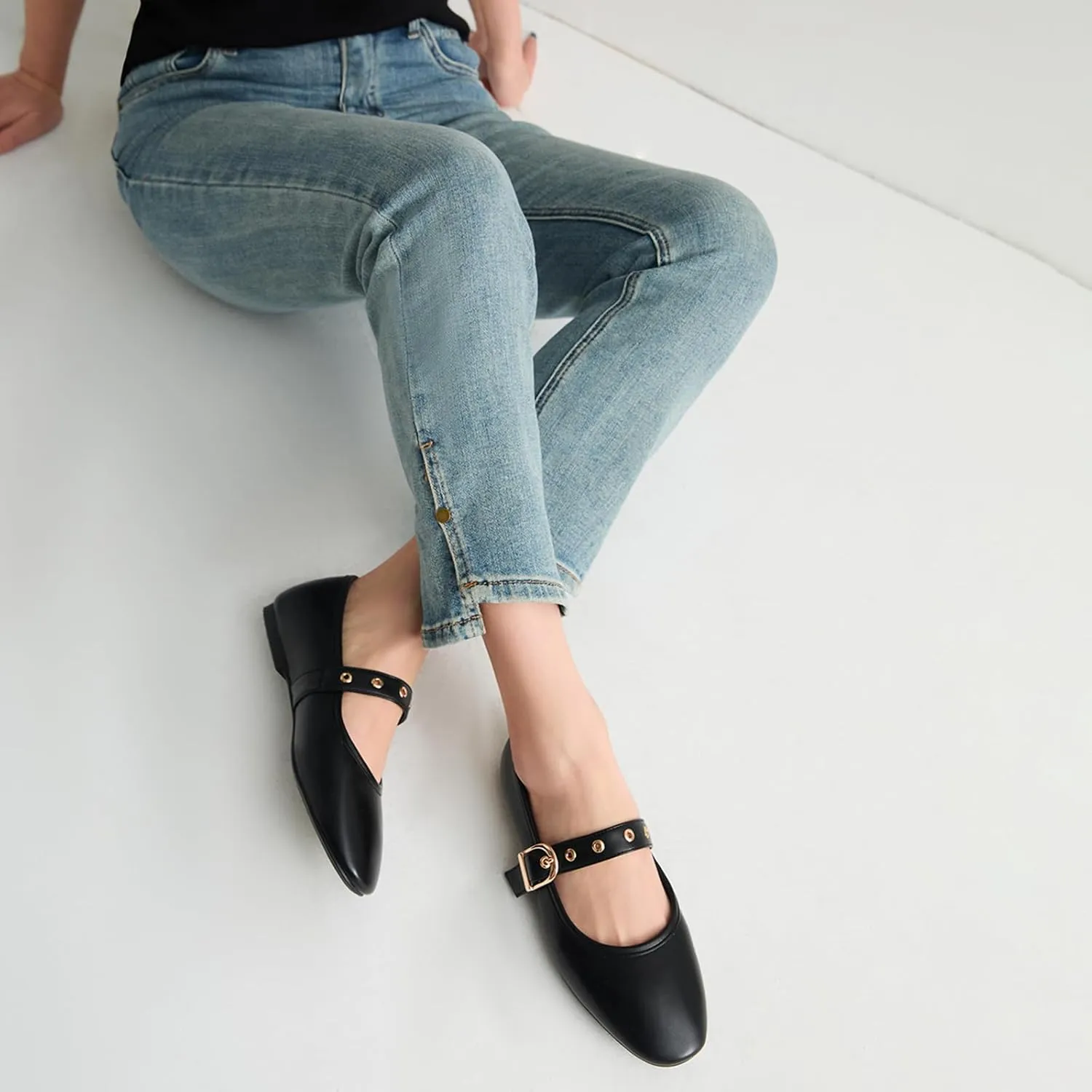 CouieCuies Women's Mary Jane Flats Round Toe Ballet Flat with Buckle Dressy Comfortable Maryjane Flats Adjustable Strap Office