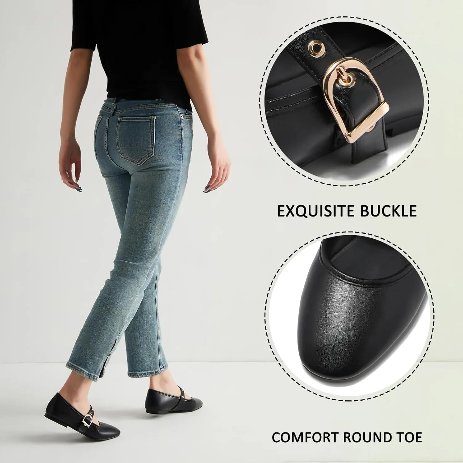 CouieCuies Women's Mary Jane Flats Round Toe Ballet Flat with Buckle Dressy Comfortable Maryjane Flats Adjustable Strap Office