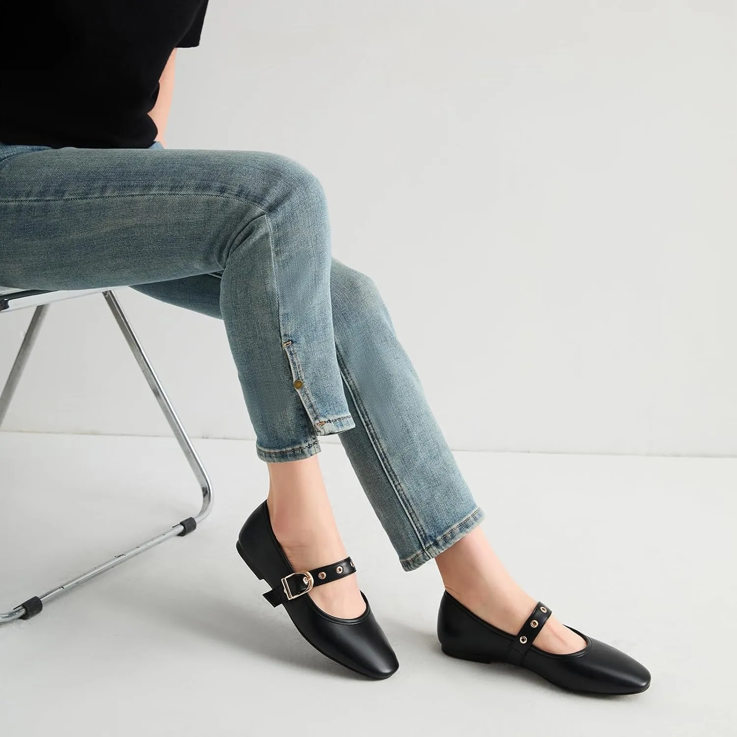 CouieCuies Women's Mary Jane Flats Round Toe Ballet Flat with Buckle Dressy Comfortable Maryjane Flats Adjustable Strap Office