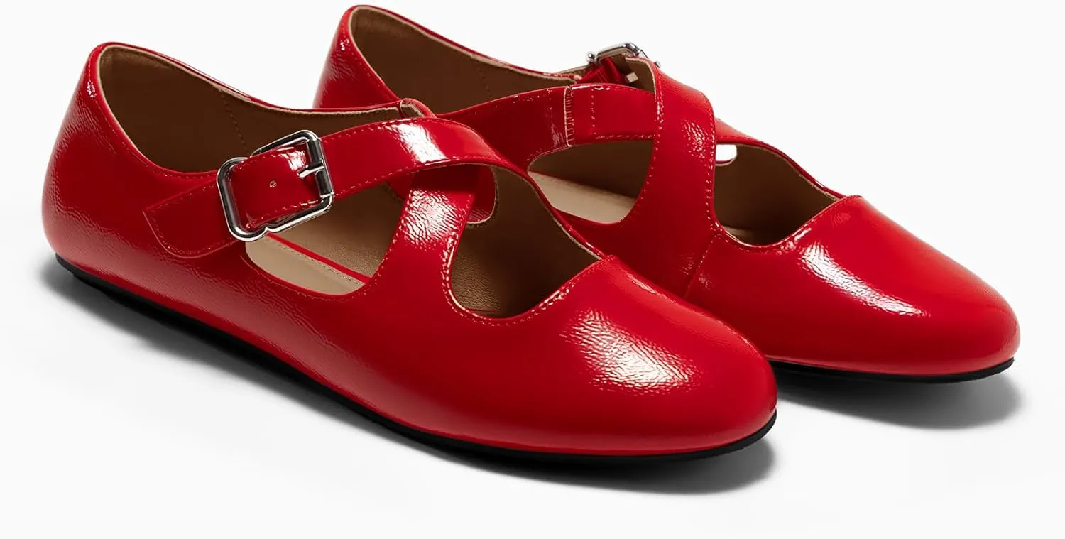 Coutgo Women's Ballet Flats Comfortable Closed Round Toe Criss Cross Ankle Strap Dress Dance Flat Shoes