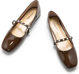 C.Paravano Mary Jane Flats for Women | Square Toe Ballet Flats with Pearl Strap | Comfortable Dress Shoes for Work, Wedding, Party & Daily Wear