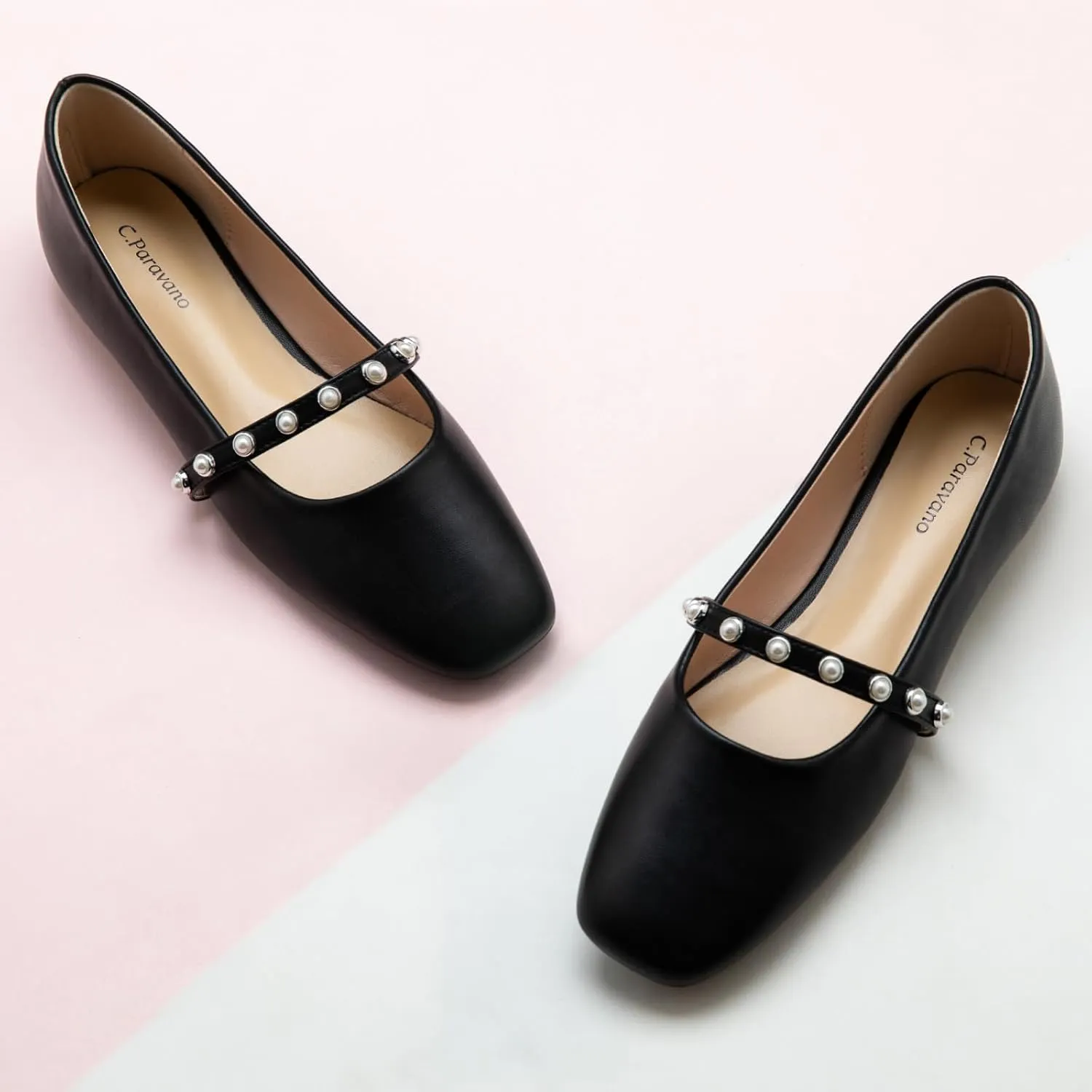 C.Paravano Mary Jane Flats for Women | Square Toe Ballet Flats with Pearl Strap | Comfortable Dress Shoes for Work, Wedding, Party & Daily Wear