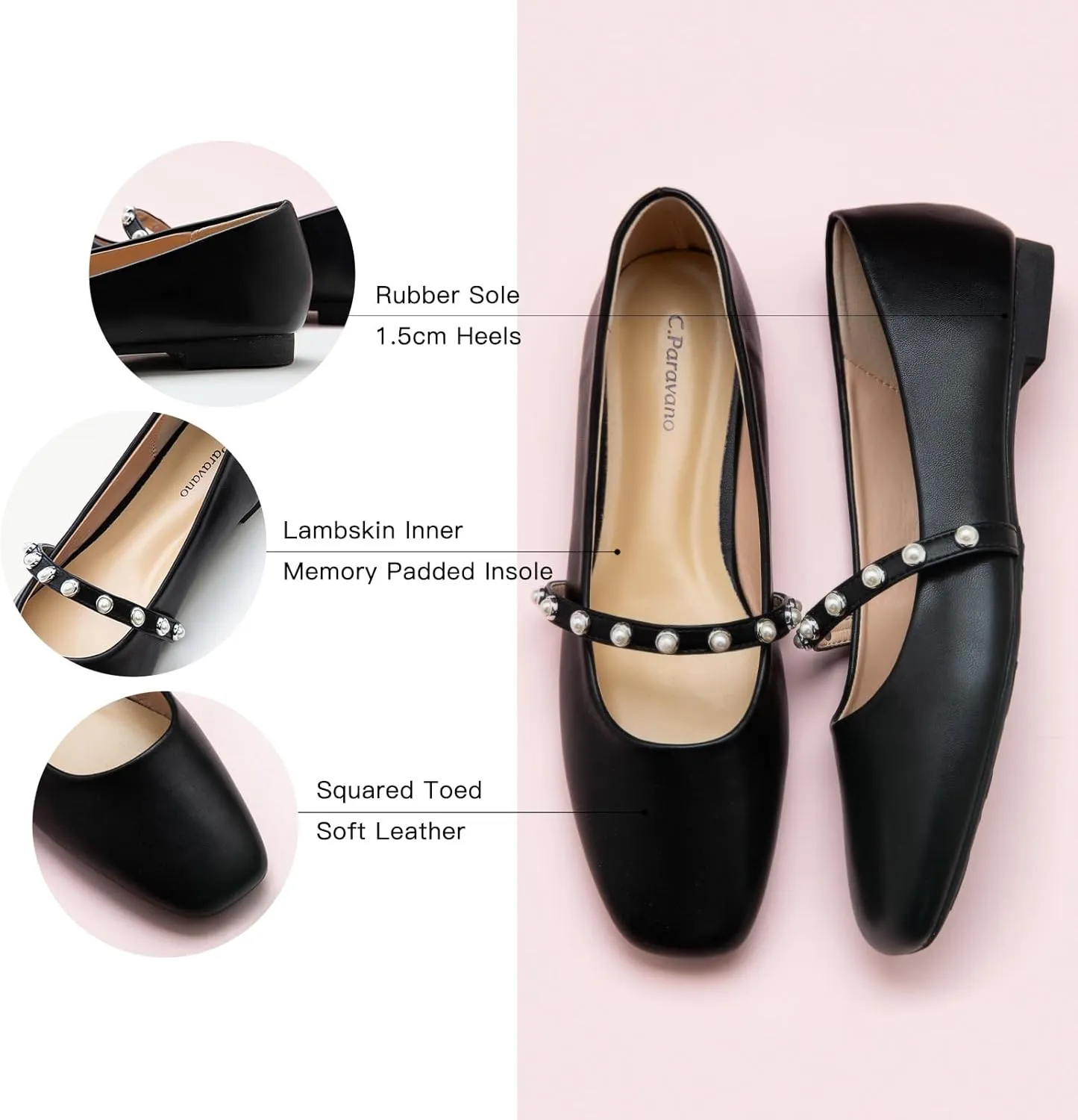C.Paravano Mary Jane Flats for Women | Square Toe Ballet Flats with Pearl Strap | Comfortable Dress Shoes for Work, Wedding, Party & Daily Wear