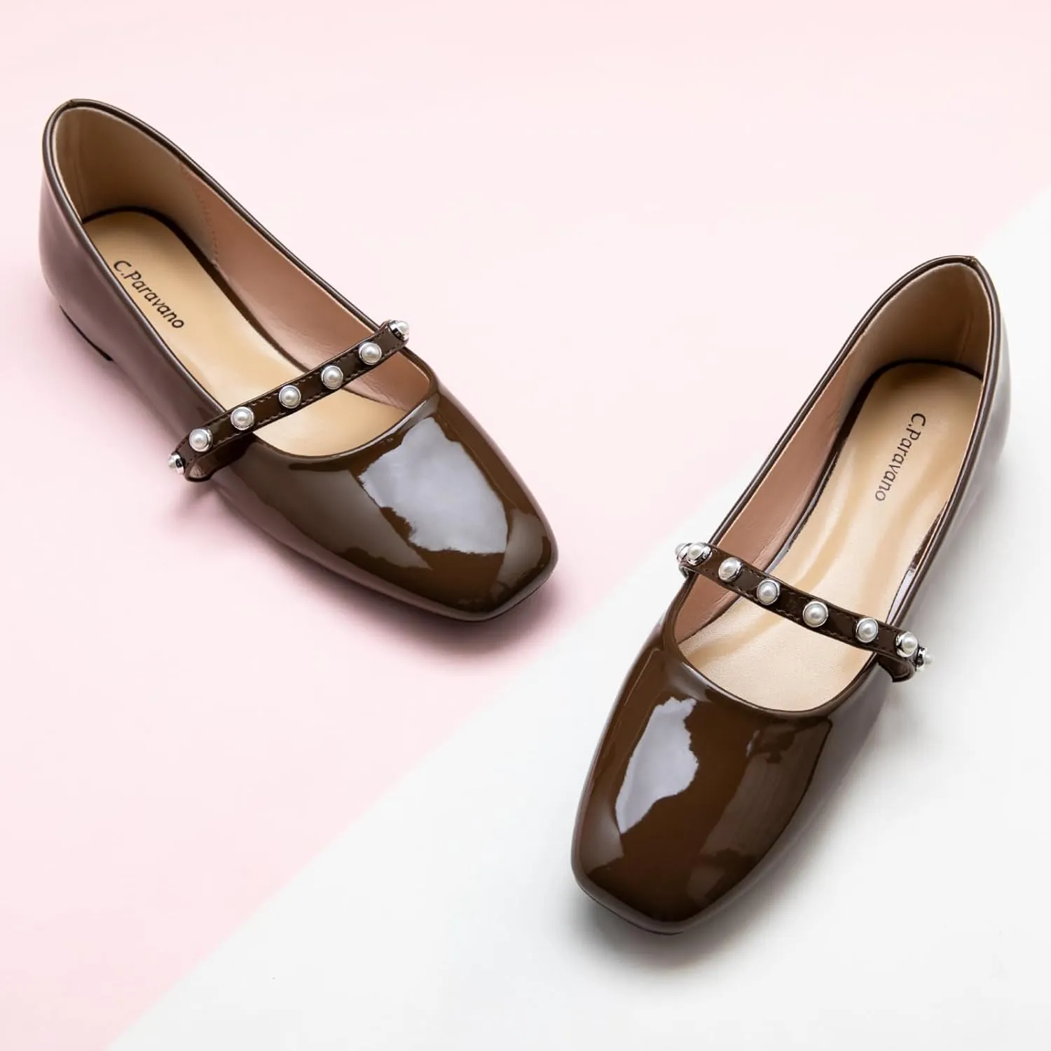 C.Paravano Mary Jane Flats for Women | Square Toe Ballet Flats with Pearl Strap | Comfortable Dress Shoes for Work, Wedding, Party & Daily Wear