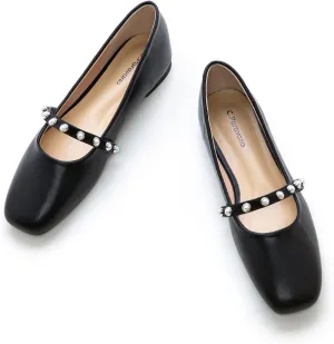 C.Paravano Mary Jane Flats for Women | Square Toe Ballet Flats with Pearl Strap | Comfortable Dress Shoes for Work, Wedding, Party & Daily Wear