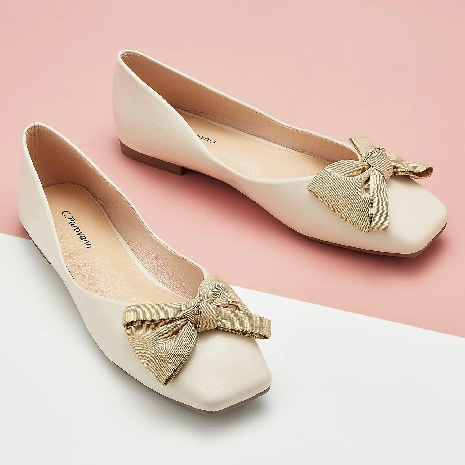 C.Paravano Women's Flats | Square Toe Shoes for Women | Leather Flat Shoes for Women | Slip On Ballet Flats