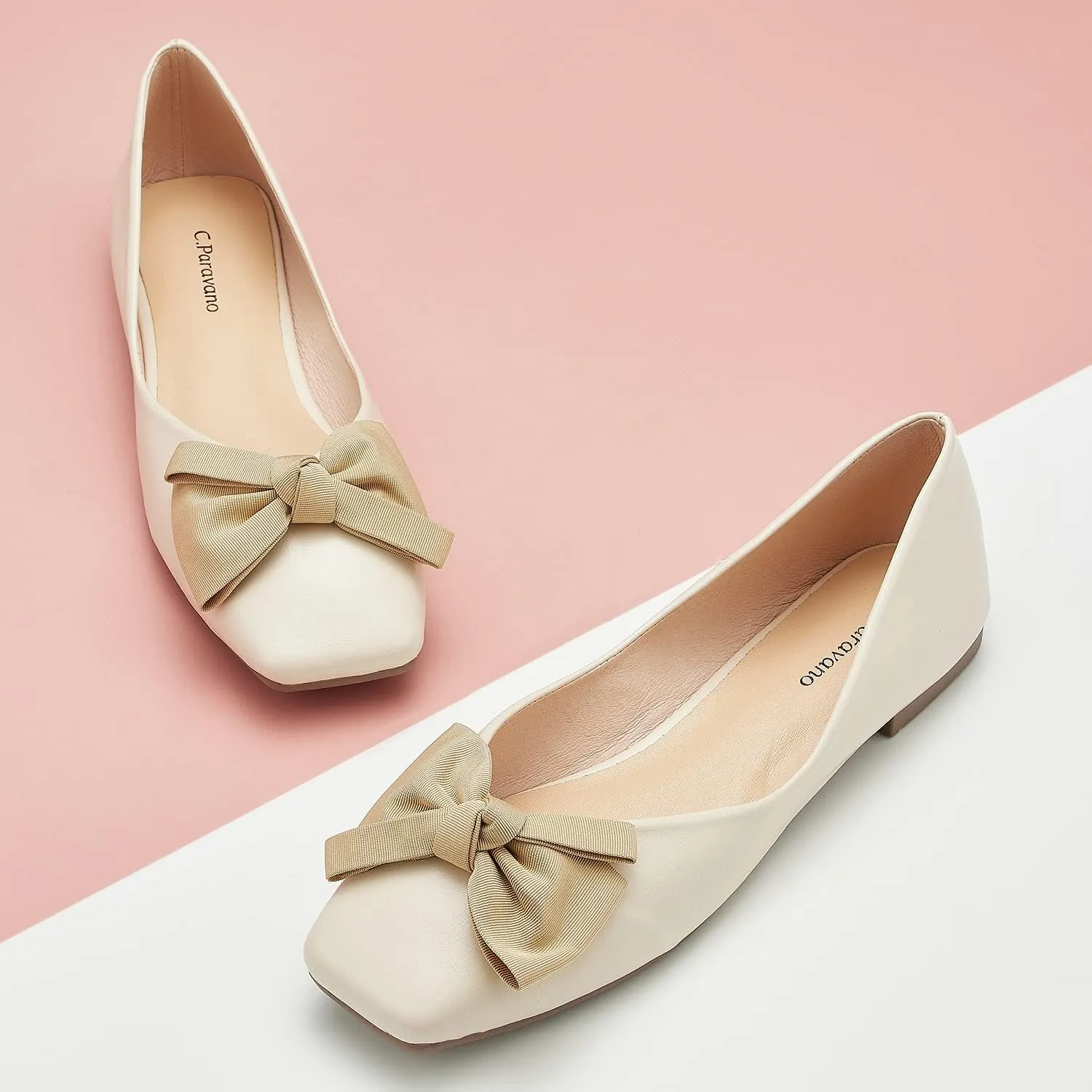 C.Paravano Women's Flats | Square Toe Shoes for Women | Leather Flat Shoes for Women | Slip On Ballet Flats