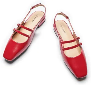 C.Paravano Women's Slingback Flats | Sandals Square Toe Dress Shoes | Flat Heel Double Strap Shoes for Business, Wedding, Cocktail Party
