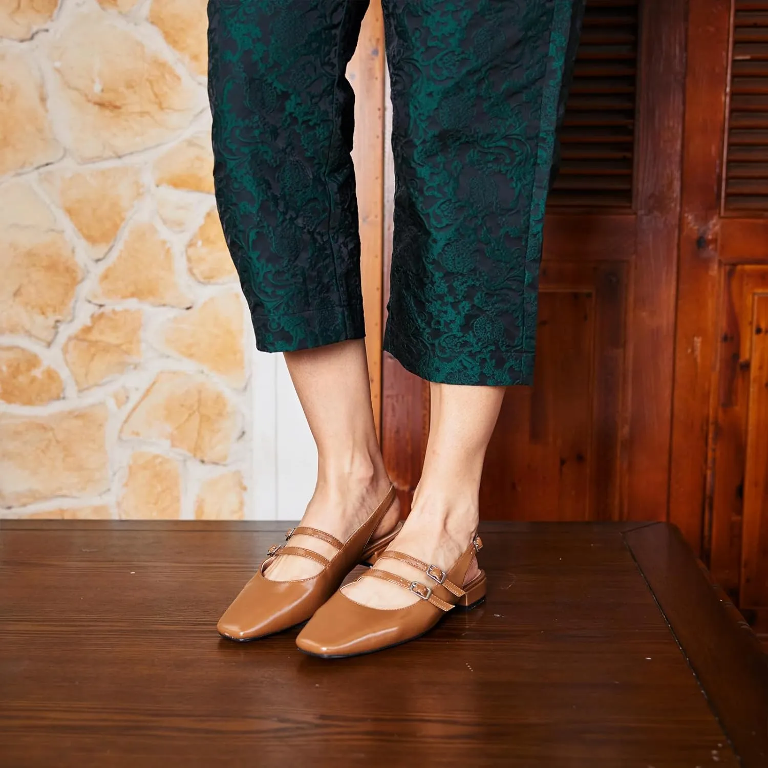 C.Paravano Women's Slingback Flats | Sandals Square Toe Dress Shoes | Flat Heel Double Strap Shoes for Business, Wedding, Cocktail Party