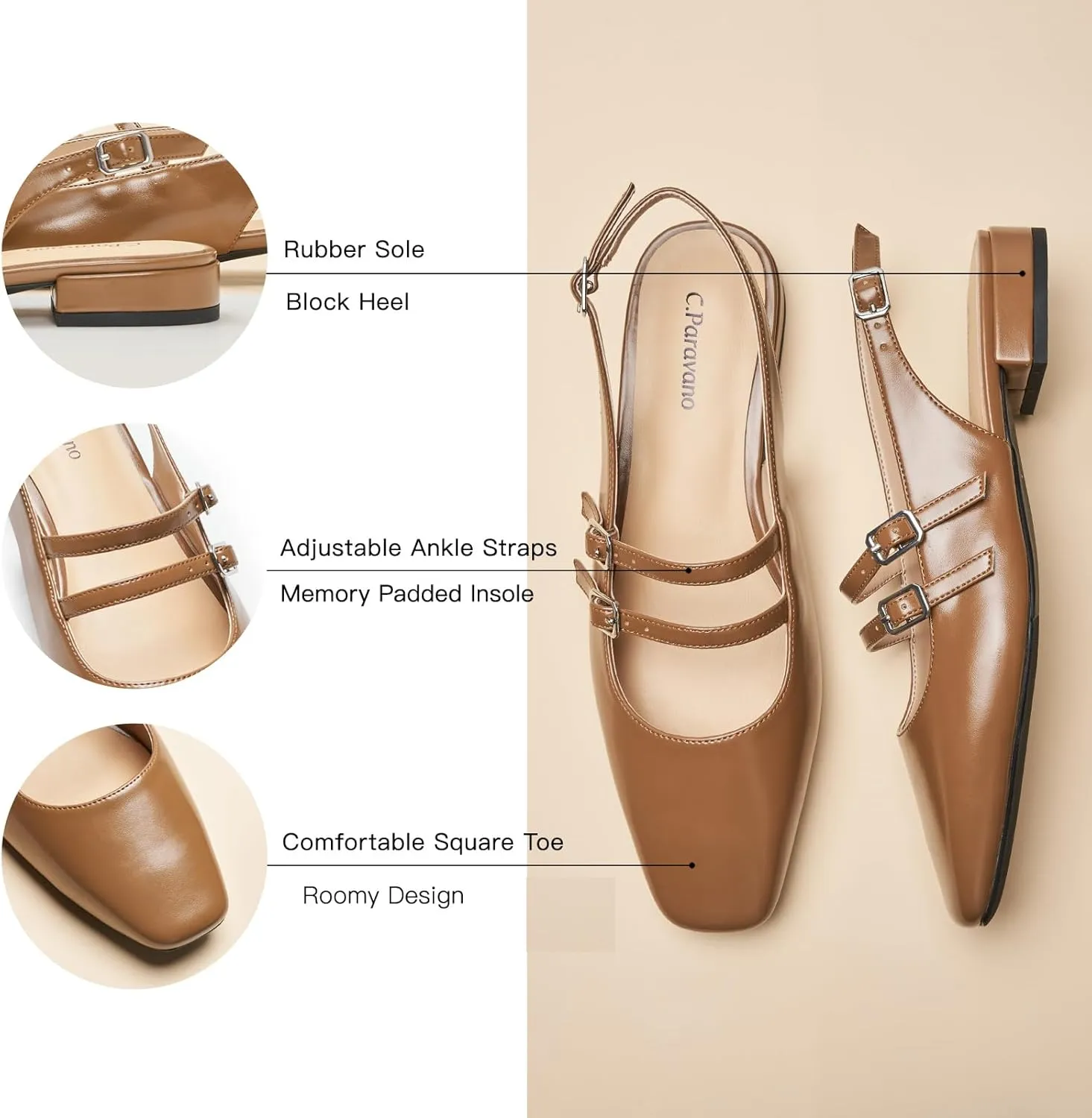 C.Paravano Women's Slingback Flats | Sandals Square Toe Dress Shoes | Flat Heel Double Strap Shoes for Business, Wedding, Cocktail Party