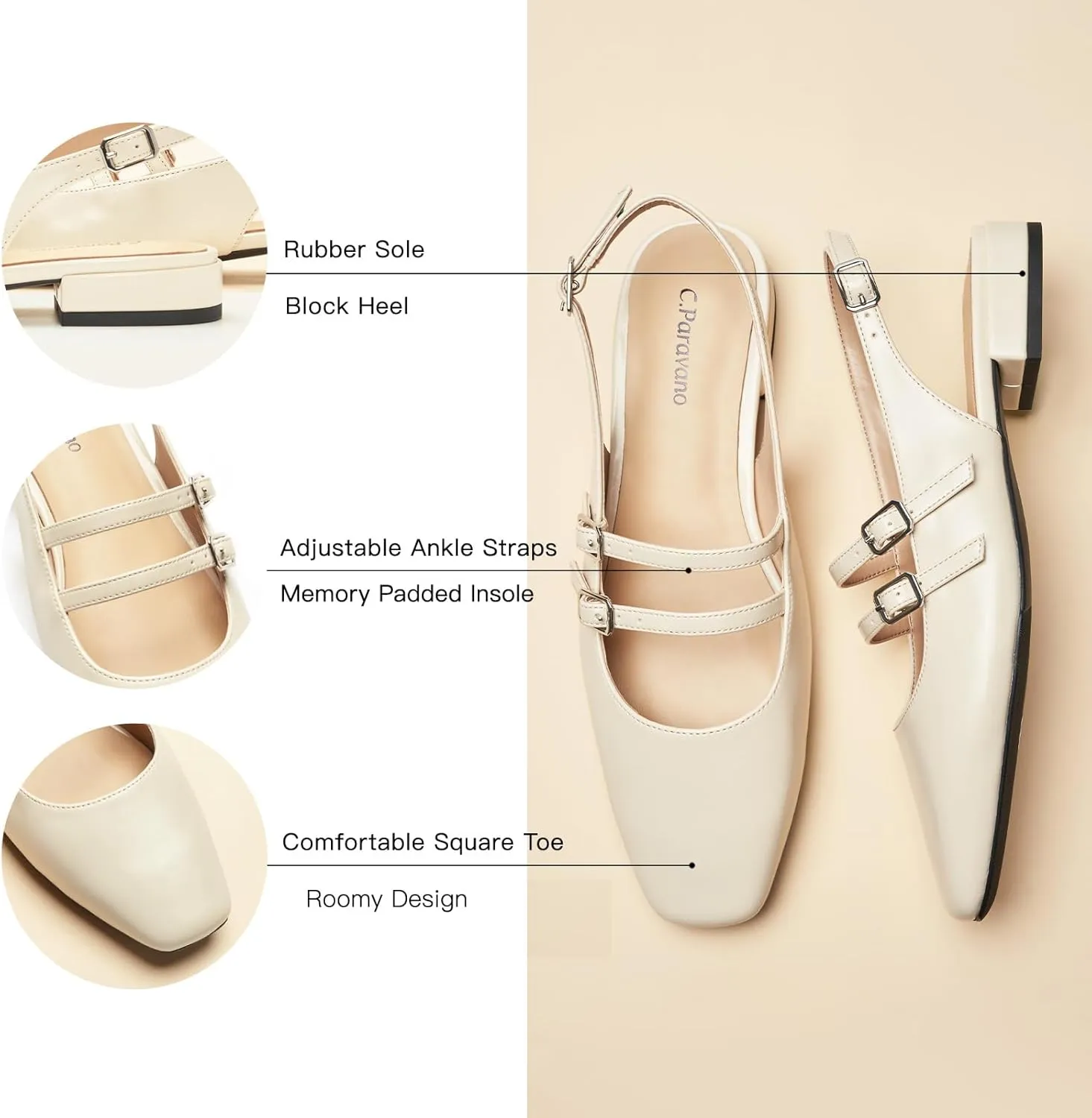 C.Paravano Women's Slingback Flats | Sandals Square Toe Dress Shoes | Flat Heel Double Strap Shoes for Business, Wedding, Cocktail Party
