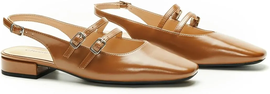 C.Paravano Women's Slingback Flats | Sandals Square Toe Dress Shoes | Flat Heel Double Strap Shoes for Business, Wedding, Cocktail Party