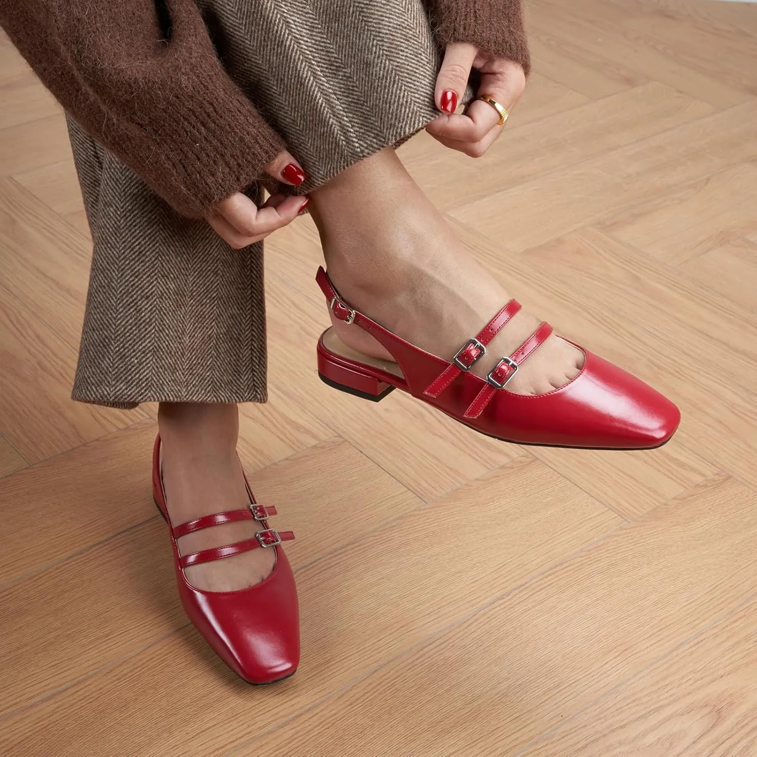 C.Paravano Women's Slingback Flats | Sandals Square Toe Dress Shoes | Flat Heel Double Strap Shoes for Business, Wedding, Cocktail Party