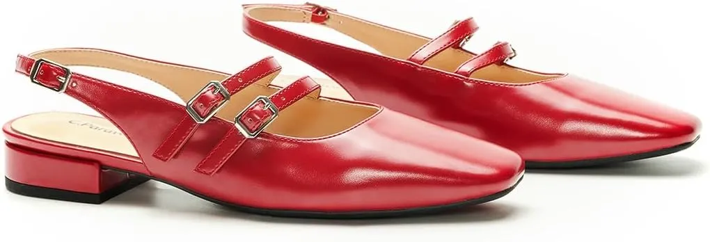C.Paravano Women's Slingback Flats | Sandals Square Toe Dress Shoes | Flat Heel Double Strap Shoes for Business, Wedding, Cocktail Party