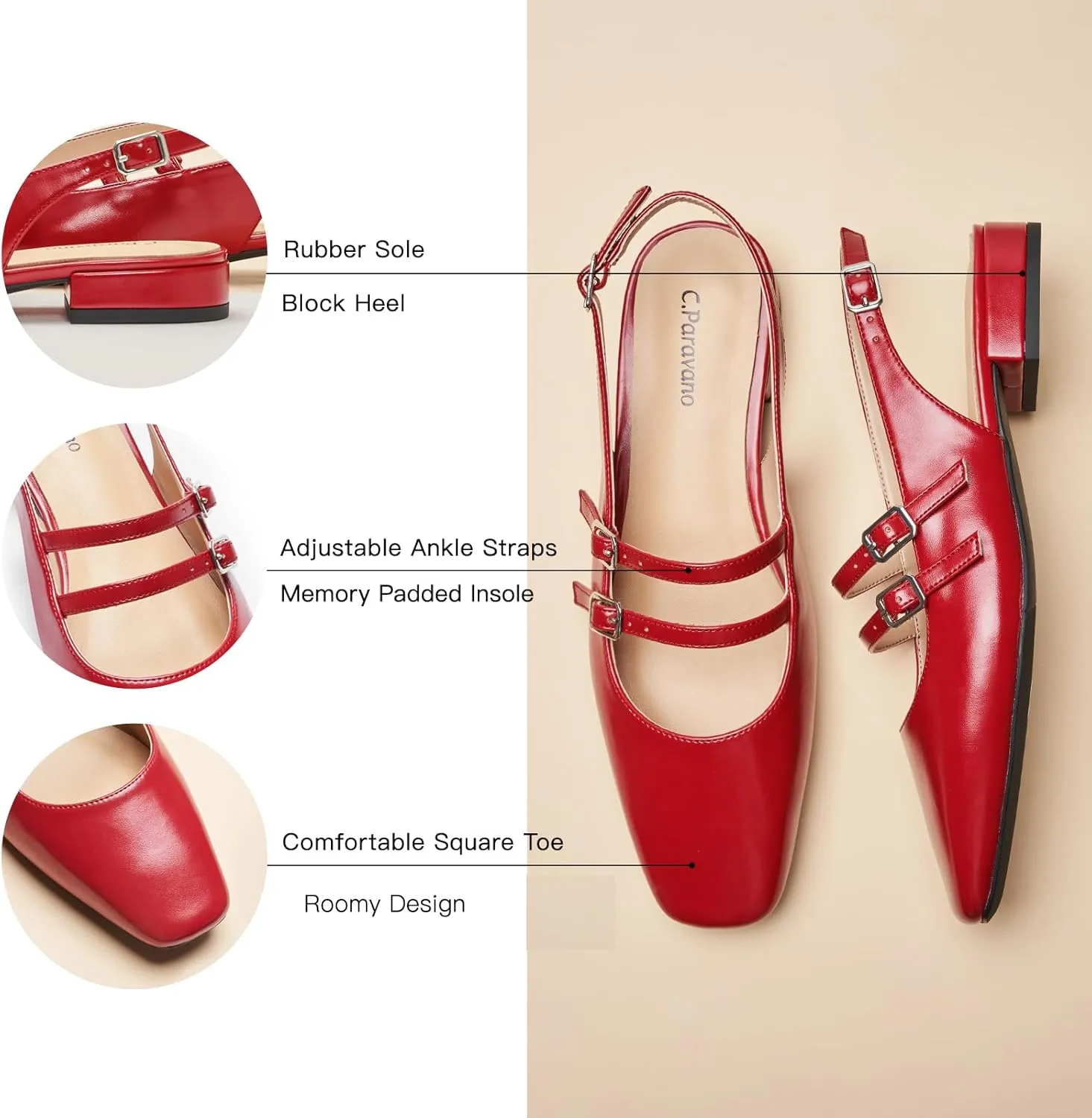 C.Paravano Women's Slingback Flats | Sandals Square Toe Dress Shoes | Flat Heel Double Strap Shoes for Business, Wedding, Cocktail Party