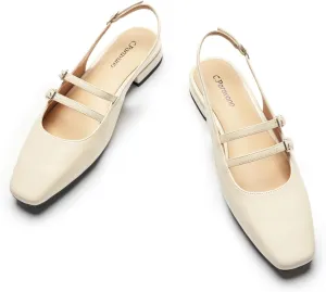 C.Paravano Women's Slingback Flats | Sandals Square Toe Dress Shoes | Flat Heel Double Strap Shoes for Business, Wedding, Cocktail Party
