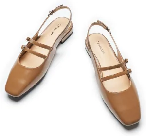 C.Paravano Women's Slingback Flats | Sandals Square Toe Dress Shoes | Flat Heel Double Strap Shoes for Business, Wedding, Cocktail Party
