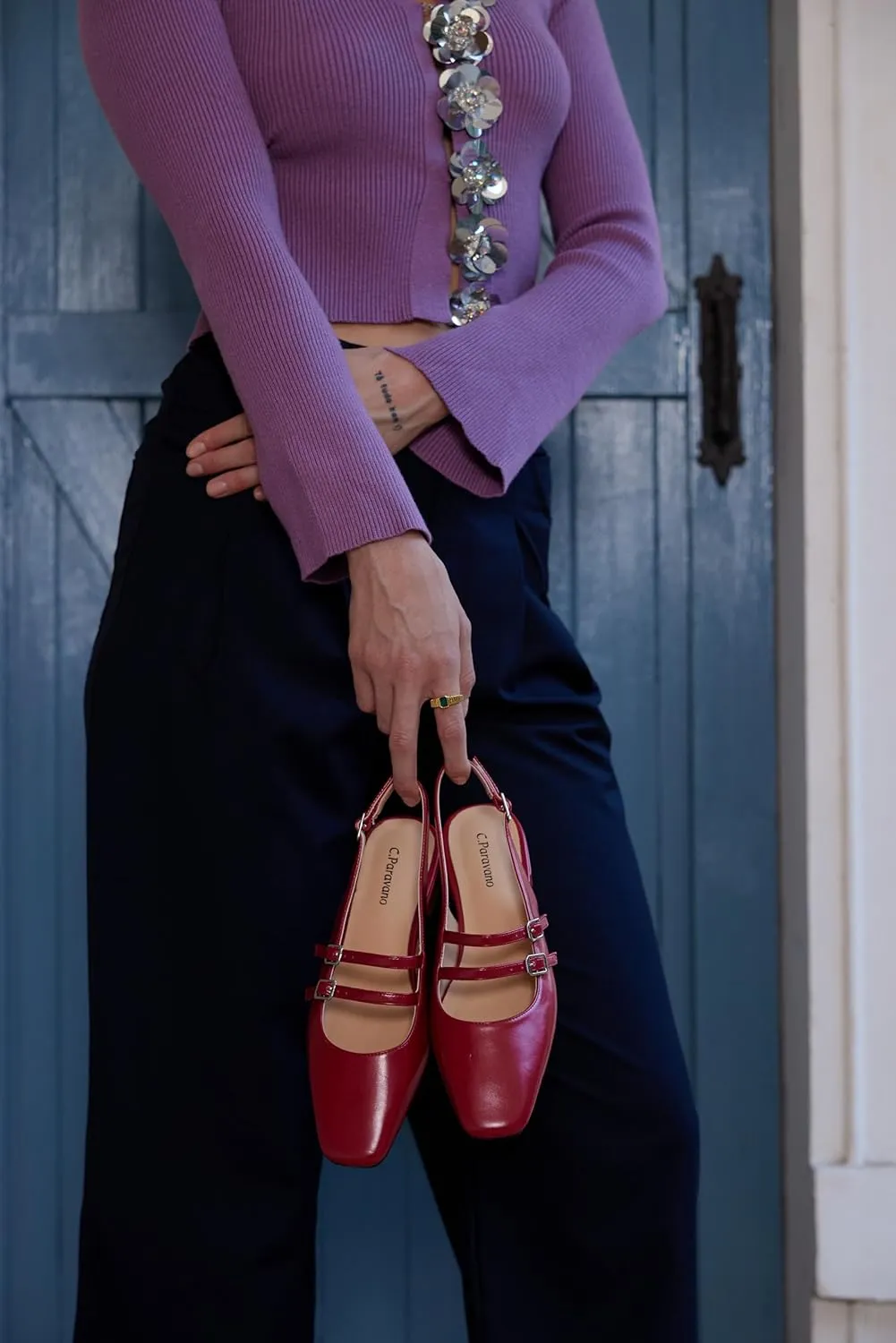 C.Paravano Women's Slingback Flats | Sandals Square Toe Dress Shoes | Flat Heel Double Strap Shoes for Business, Wedding, Cocktail Party