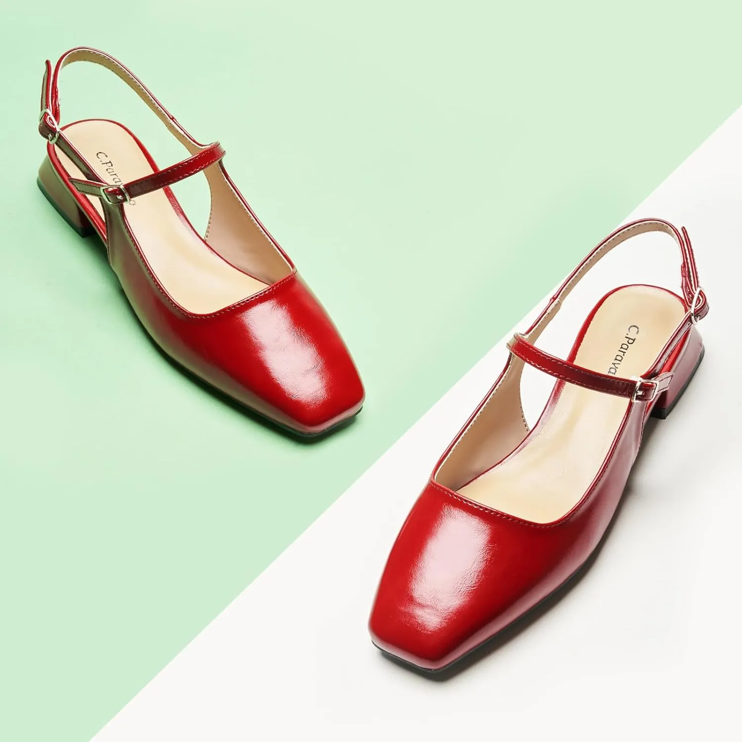 C.Paravano Women's Slingback Flats | Square Toe Slingback Flats for Women | Block Heel Sandals