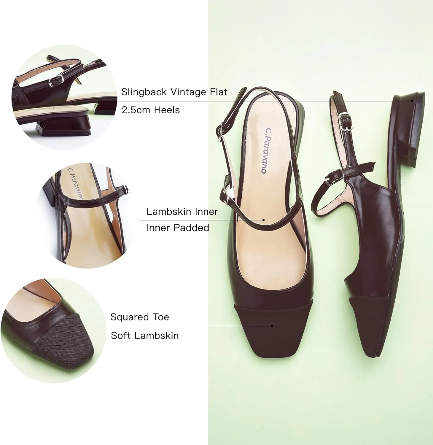 C.Paravano Women's Slingback | Square Toe Slingback Flats | Ankle Strap Flats Sandals | Slip on Casual Flats Shoes | Leather Dress Shoes for Wedding