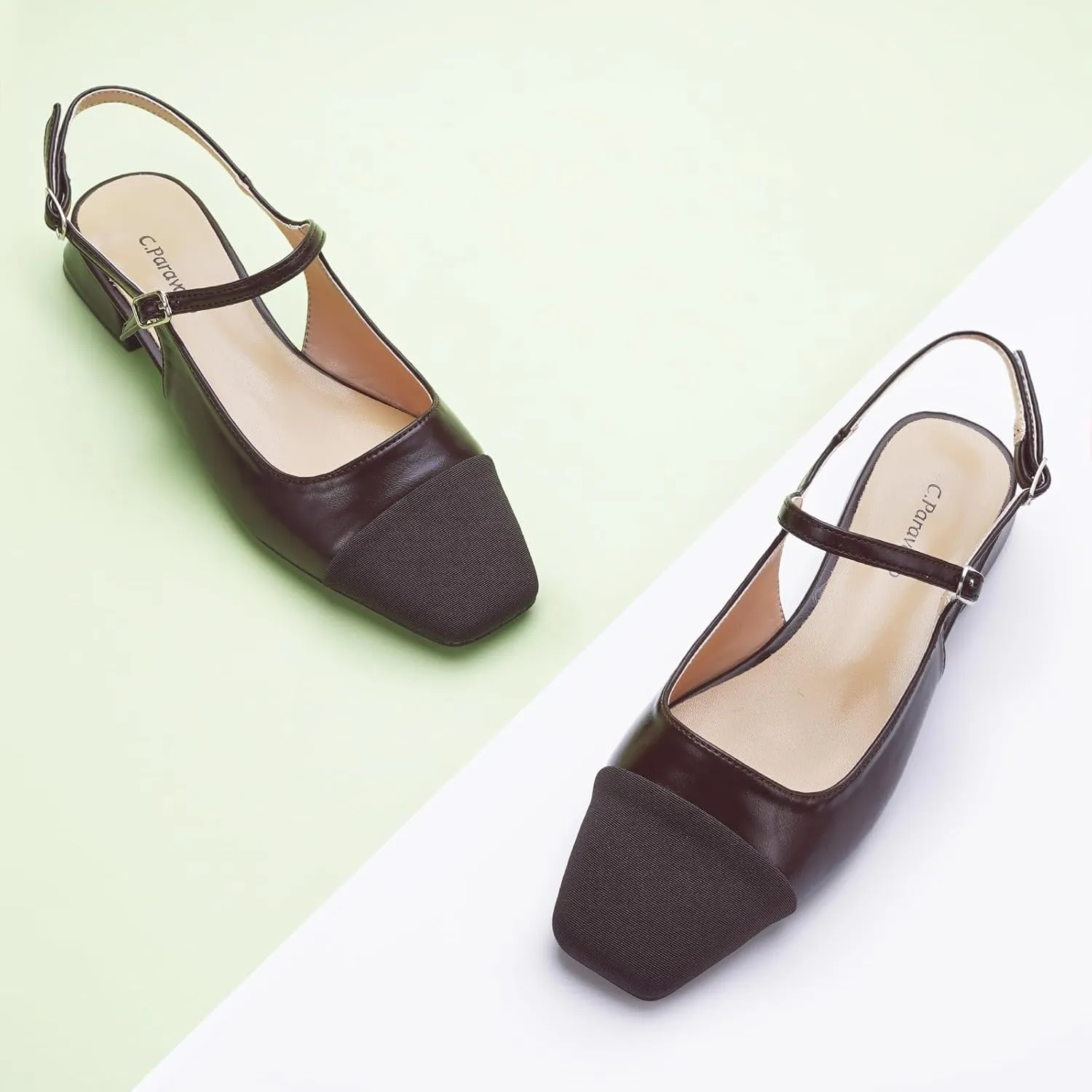 C.Paravano Women's Slingback | Square Toe Slingback Flats | Ankle Strap Flats Sandals | Slip on Casual Flats Shoes | Leather Dress Shoes for Wedding