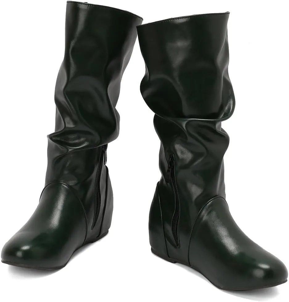 DINTAHA Womens Slouch Flat Boots Mid Calf Flat Boots Low Heel Fall Slouchy Cowgirl Boots
