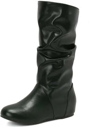 DINTAHA Womens Slouch Flat Boots Mid Calf Flat Boots Low Heel Fall Slouchy Cowgirl Boots