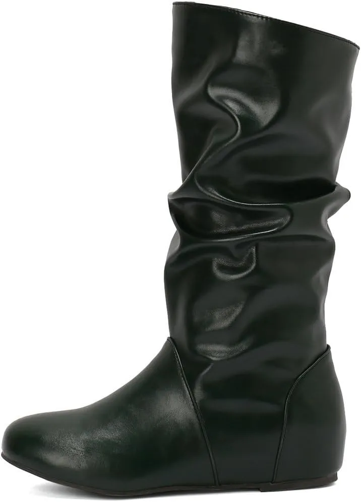 DINTAHA Womens Slouch Flat Boots Mid Calf Flat Boots Low Heel Fall Slouchy Cowgirl Boots