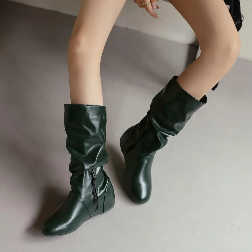 DINTAHA Womens Slouch Flat Boots Mid Calf Flat Boots Low Heel Fall Slouchy Cowgirl Boots