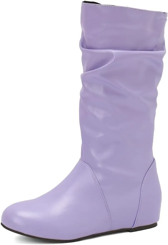 DINTAHA Womens Slouch Flat Boots Mid Calf Flat Boots Low Heel Fall Slouchy Cowgirl Boots